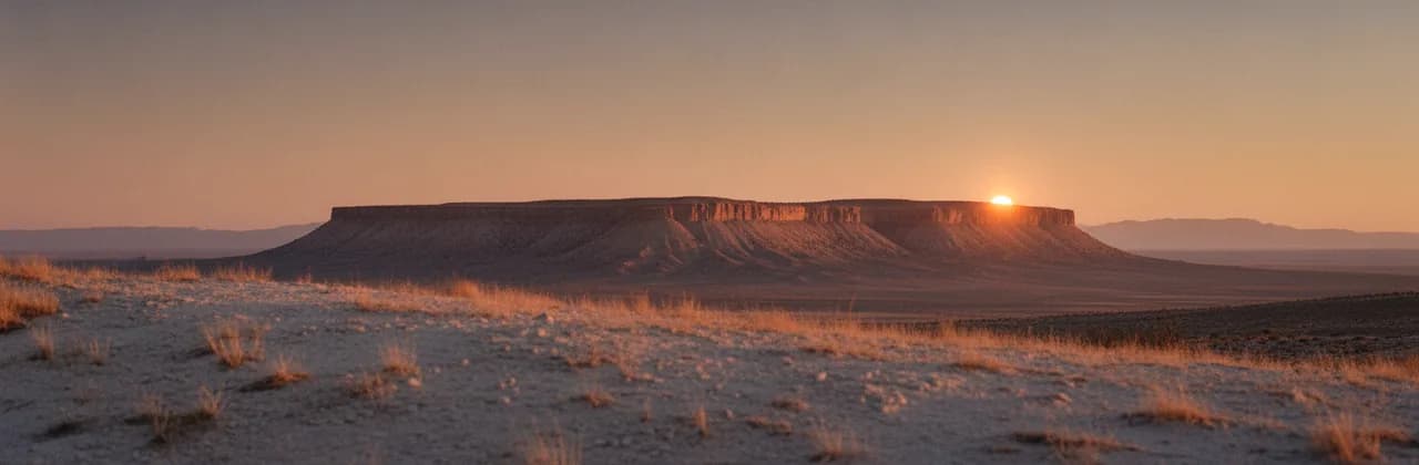 Wide Sonoran Desert mesa at first light, warm copper glow along the ridge with the sun cresting the plateau, sparse rim-lit grass in the foreground.
