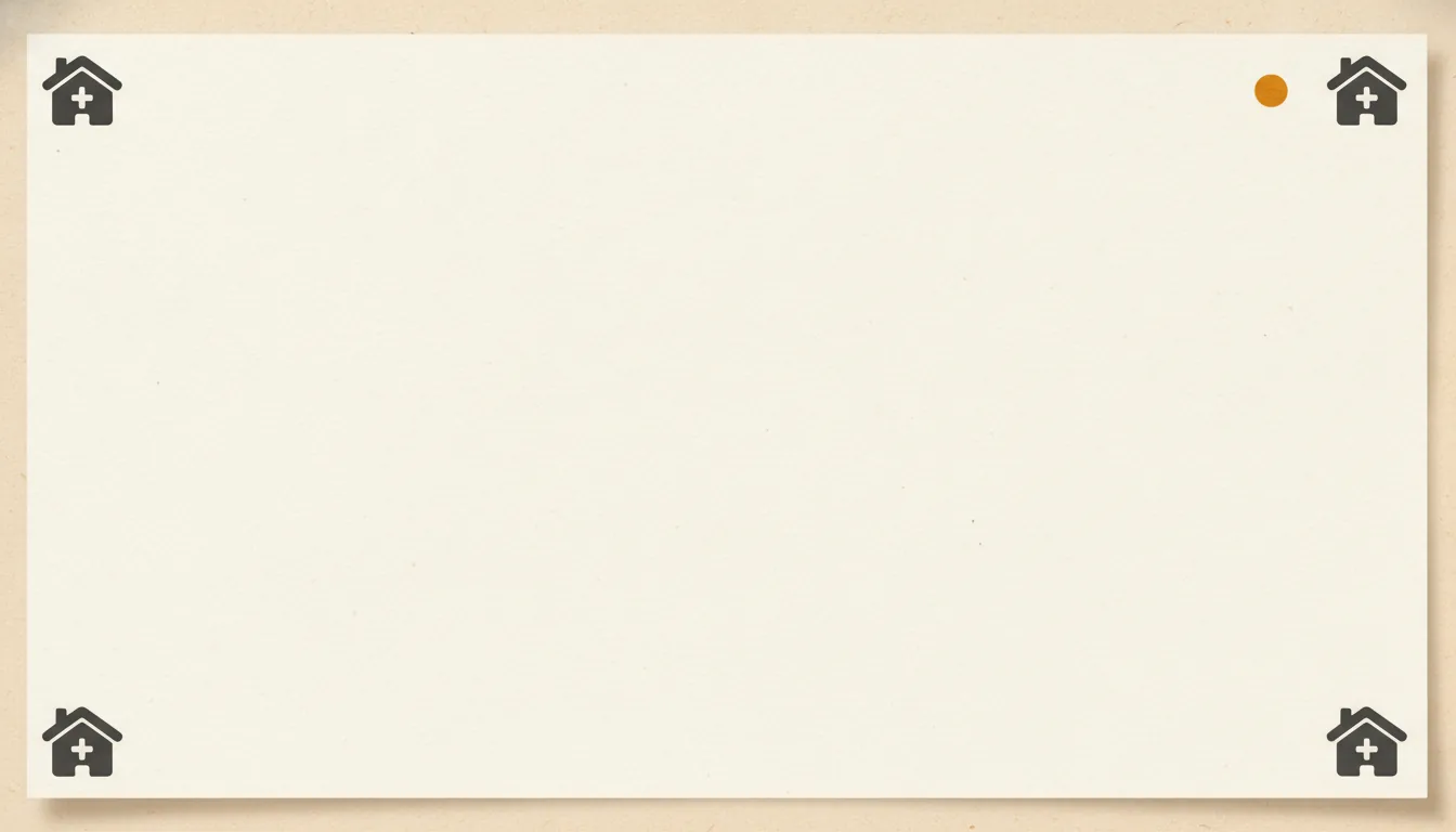 Warm cream paper with subtle stone grain, small home-with-cross practice icons at all four corners, and a single amber sun dot near the top-right.